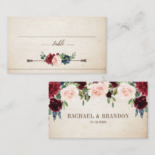 Burgundy Navy Floral Rustic Boho Country Wedding  Place Card