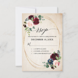 Burgundy Navy Floral Rustic Boho Country Wedding RSVP Card