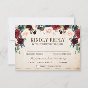 Burgundy Navy Floral Rustic Boho Country Wedding RSVP Card