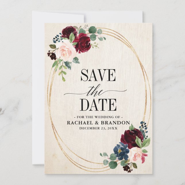 Burgundy Navy Floral Rustic Boho Country Wedding Save The Date (Front)
