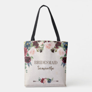 Burgundy Navy Floral Rustic Boho Country Wedding Tote Bag