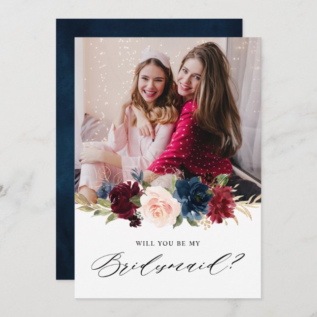 Burgundy Navy Floral Rustic Bridesmaid Proposal In Invitation (Front/Back)