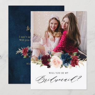 Burgundy Navy Floral Rustic Bridesmaid Proposal In Invitation