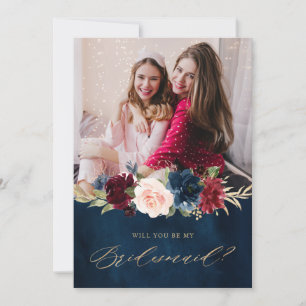 Burgundy Navy Floral Rustic Bridesmaid Proposal Invitation