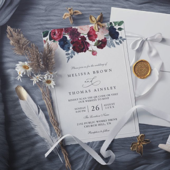 Burgundy Navy Floral Rustic Chic QR Code Wedding  Invitation (Creator Uploaded)