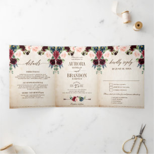 Burgundy Navy Floral Rustic Country Boho Wedding Tri-Fold Announcement