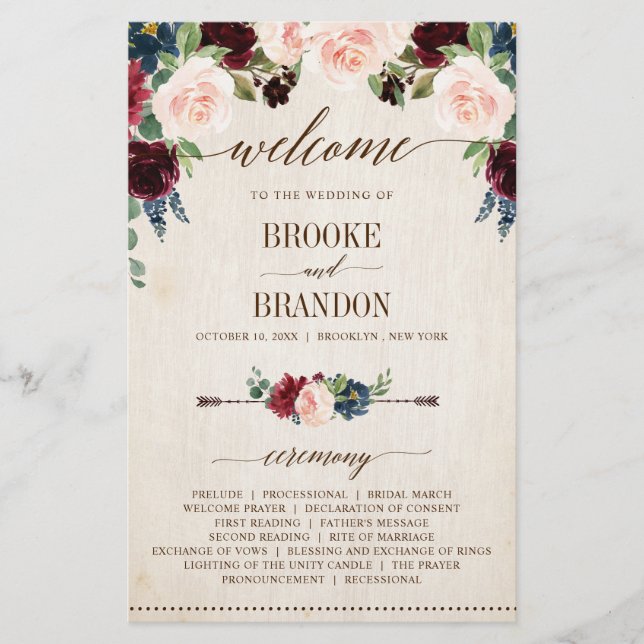 Burgundy Navy Floral Rustic Country Program (Front)