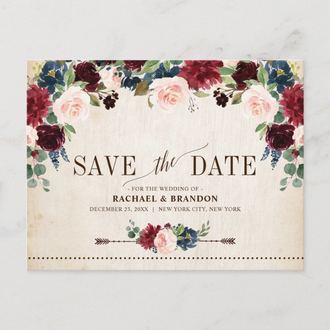 Burgundy Navy Floral Rustic Country Save the Date Announcement Postcard (Front)