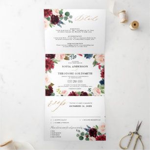 Burgundy Navy Floral Rustic Country Wedding Tri-Fold Announcement