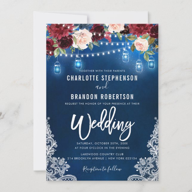 Burgundy Navy Floral Rustic String light Mason Jar Invitation (Front)