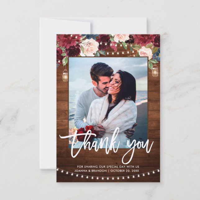 Burgundy Navy Floral Rustic String Light Wedding Thank You Card (Front)