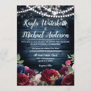 Burgundy & Navy Floral Rustic Wedding Invite