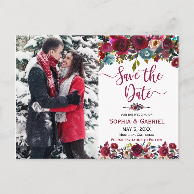 Burgundy Navy Floral Save the Date Photo Announcement Postcard (Front)
