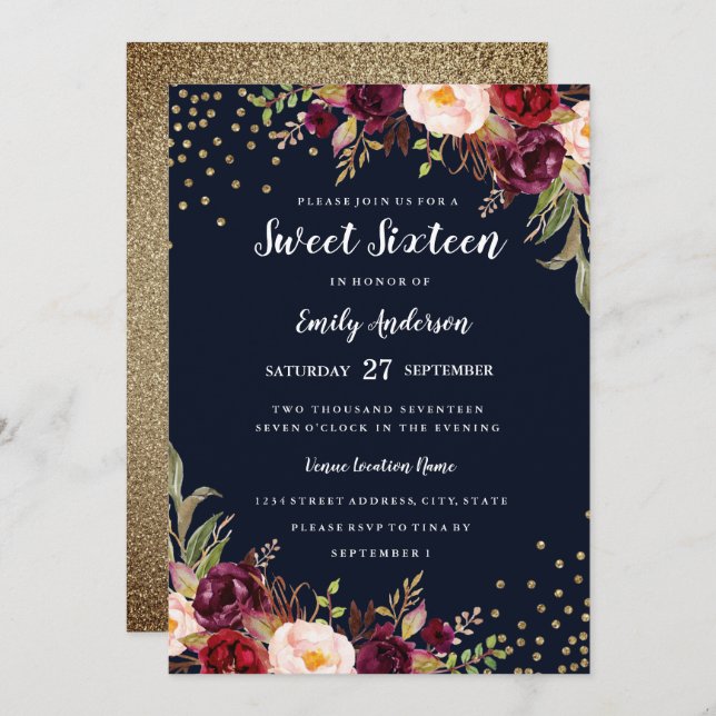 Burgundy Navy Floral Sparkle Sweet Sixteen Invite (Front/Back)