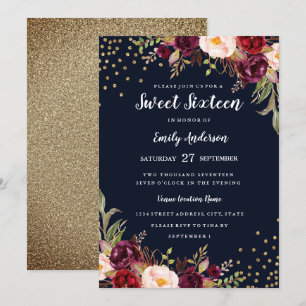 Burgundy Navy Floral Sparkle Sweet Sixteen Invite