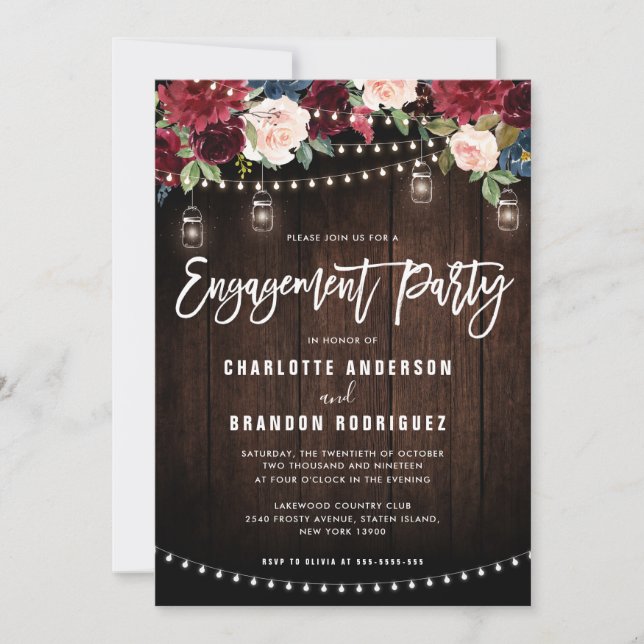 Burgundy Navy Floral String Light Engagement Party Invitation (Front)