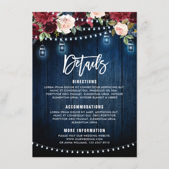 Burgundy Navy Floral String Light mason jar Enclosure Card (Front)