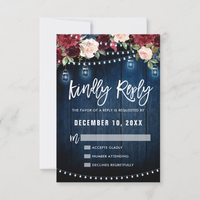 Burgundy Navy Floral String Light mason jar RSVP Card (Front)