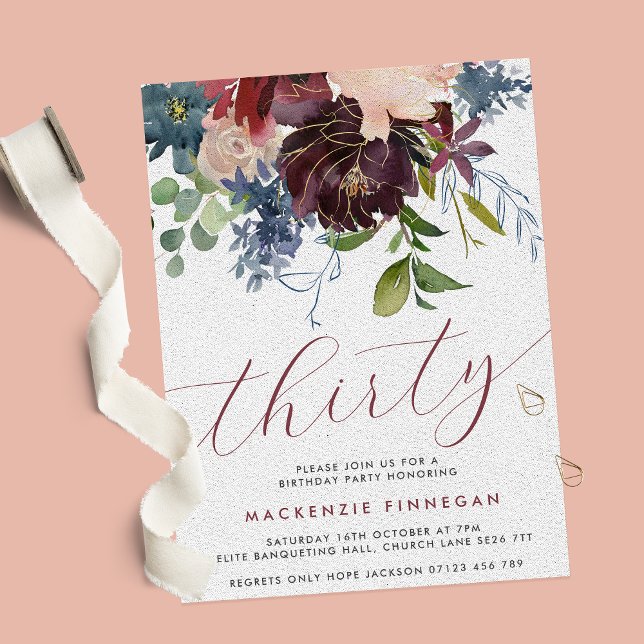 Burgundy & Navy Floral Thirtieth Birthday Party Invitation (Creator Uploaded)