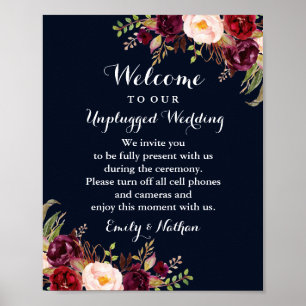 Burgundy Navy Floral Unplugged Wedding Sign