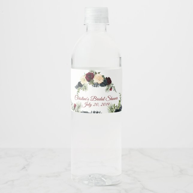 Burgundy, Navy Floral Water Bottle Labels (Front)