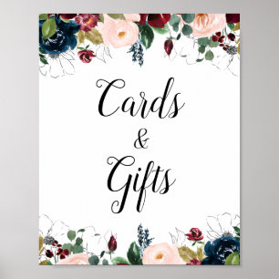 burgundy & navy floral wedding cards & gifts sign