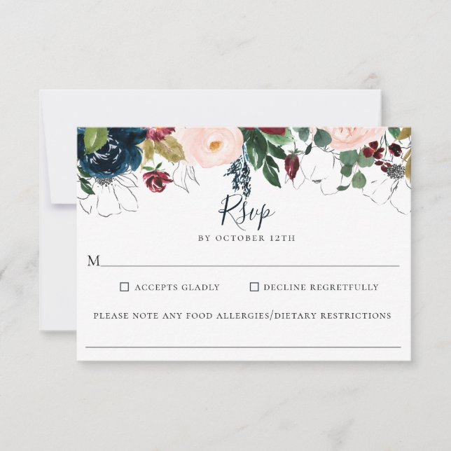 Burgundy Navy Floral Wedding Food Allergy RSVP Card (Front)