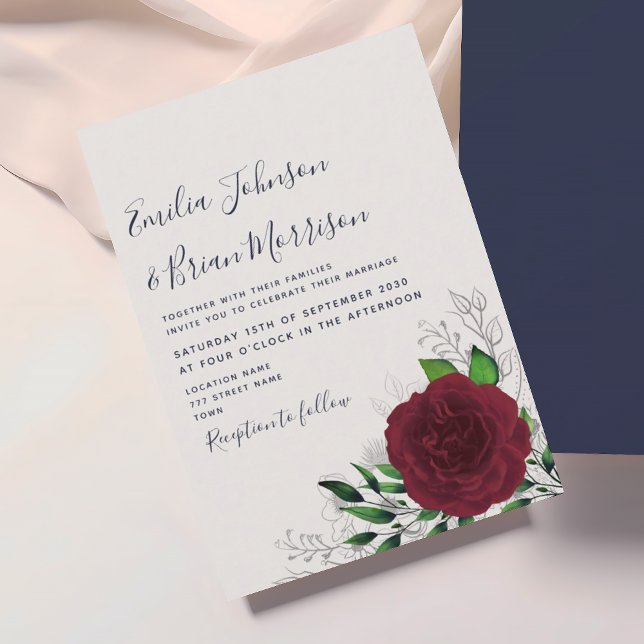 Burgundy Navy Floral Wedding Invitation (Creator Uploaded)
