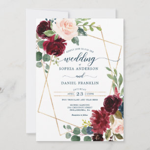 Burgundy Navy Floral Wedding Invitation