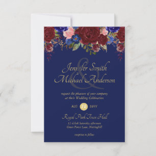 Burgundy Navy Floral Wedding Invitations