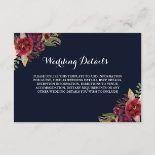 Burgundy Navy Floral Wedding Reception Details Enclosure Card
