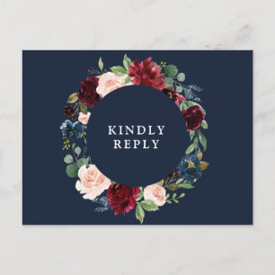 Burgundy & navy floral wedding RSVP Postcard