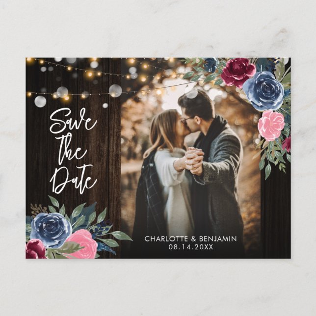 Burgundy Navy Floral Wedding Save The Date Photo Postcard (Front)