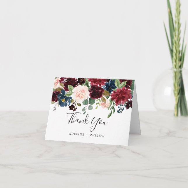 Burgundy Navy Floral Wedding Thank You Card (Front)