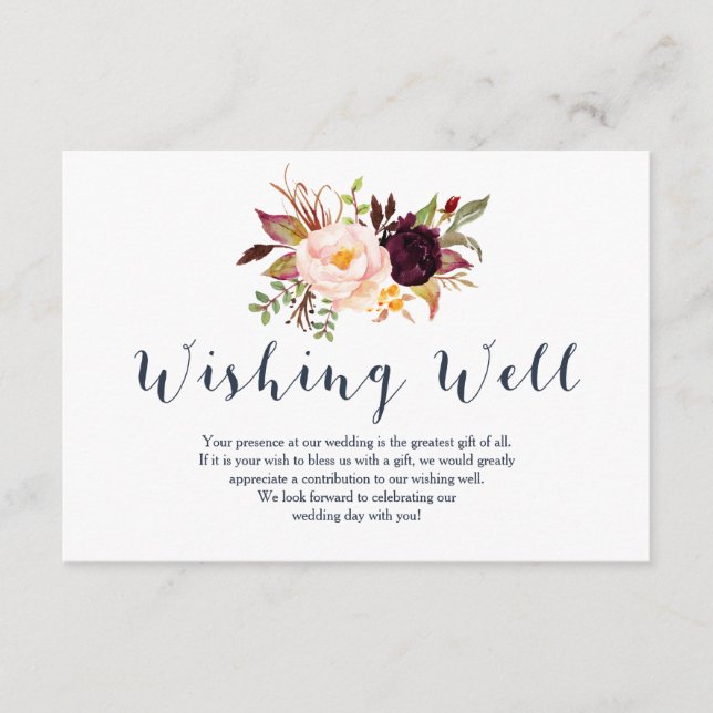 Burgundy Navy Floral Wedding Wishing Well Enclosure Card (Front)