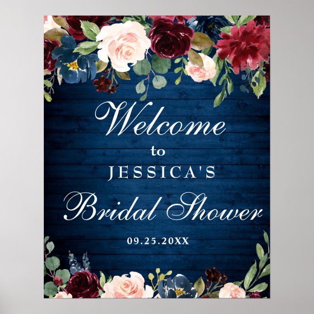 Burgundy Navy Floral Welcome Bridal Shower Sign (Front)