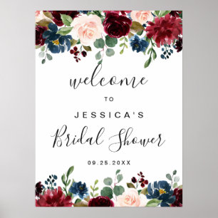 Burgundy Navy Floral Welcome Bridal Shower Sign