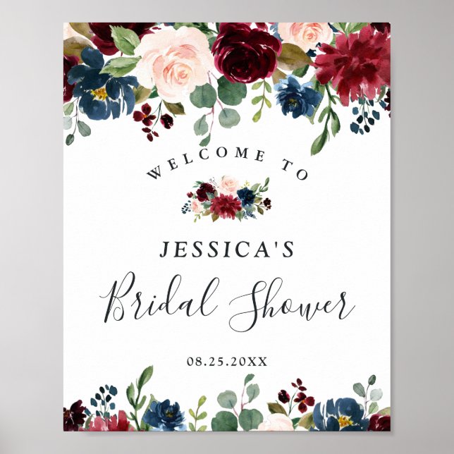 Burgundy Navy Floral Welcome Bridal Shower Sign (Front)