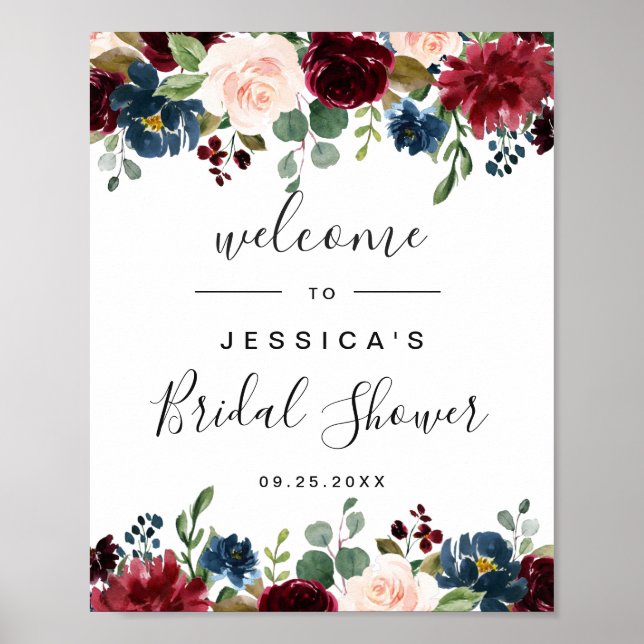 Burgundy Navy Floral Welcome Bridal Shower Sign (Front)