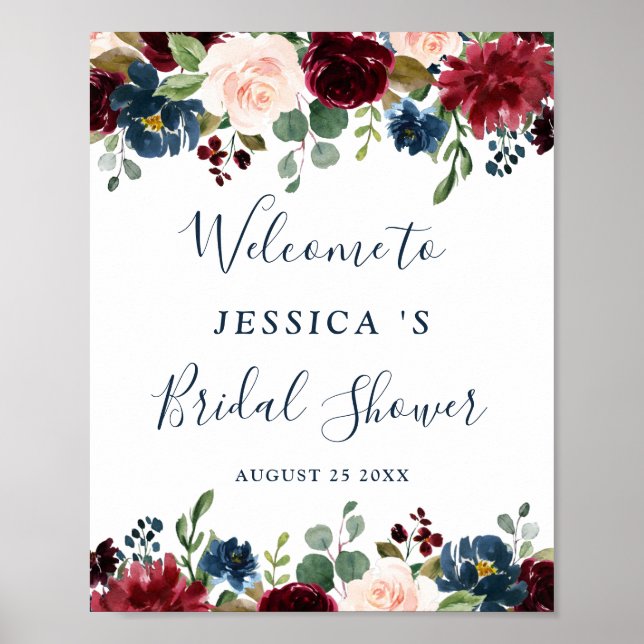 Burgundy Navy Floral Welcome Bridal Shower Sign (Front)