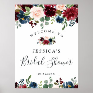 Burgundy Navy Floral Welcome Bridal Shower Sign