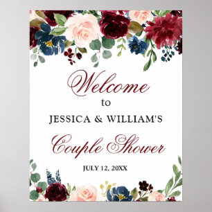 Burgundy Navy Floral Welcome Couple Shower Sign