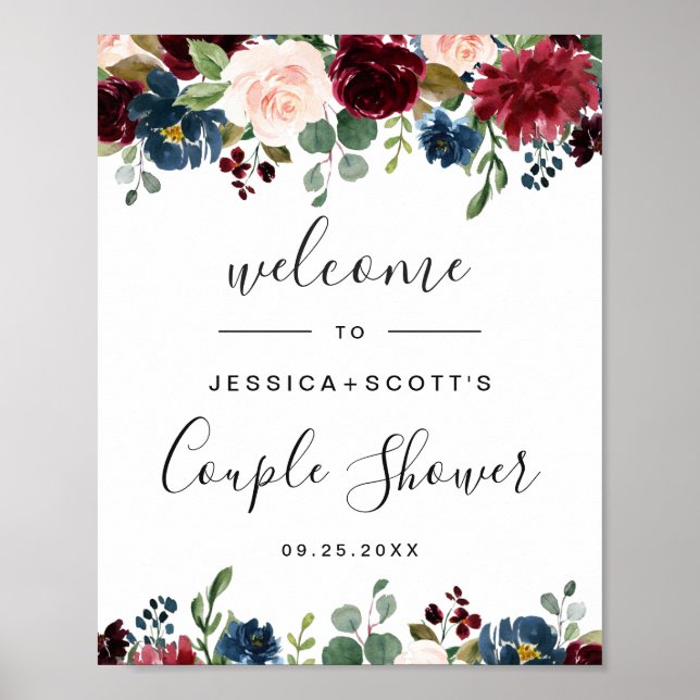 Burgundy Navy Floral Welcome COUPLE SHOWER Sign (Front)