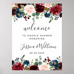 Burgundy Navy Floral Welcome COUPLE SHOWER Sign