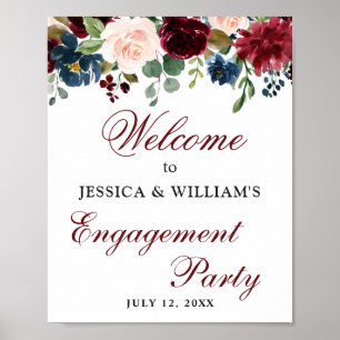 Burgundy Navy Floral Welcome Engagement Party Sign