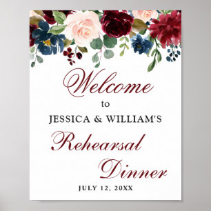 Burgundy Navy Floral Welcome Rehearsal Dinner Sign