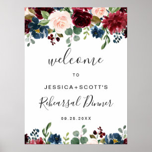 Burgundy Navy Floral Welcome Rehearsal Dinner Sign