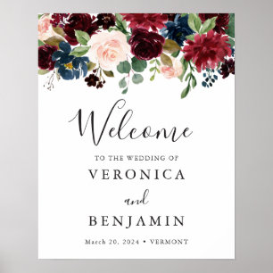 Burgundy Navy Floral Welcome Sign