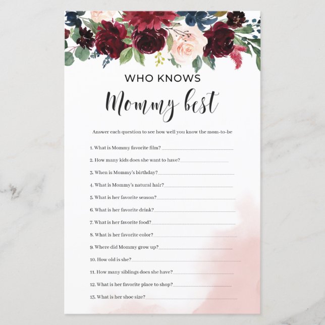 Burgundy navy floral who knows mummy best game (Front)