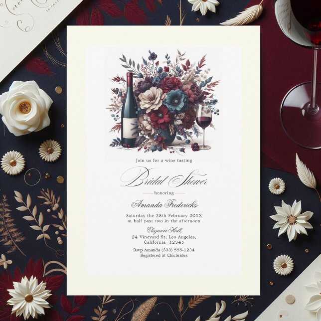 Burgundy & Navy Floral Wine-Themed Bridal Shower Invitation (Burgundy & Navy Floral Wine-Themed Bridal Shower Invitation)